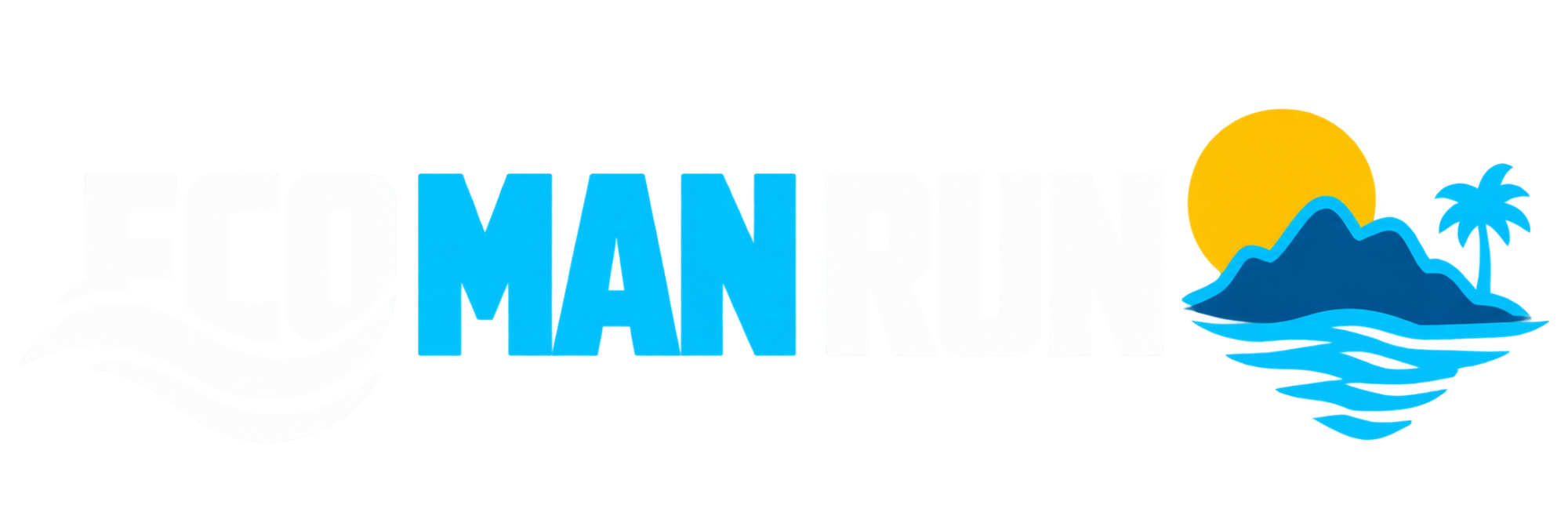 Logo Eco Man Run: ECO e RUN em branco, MAN em azul, com ondas e símbolo do mar